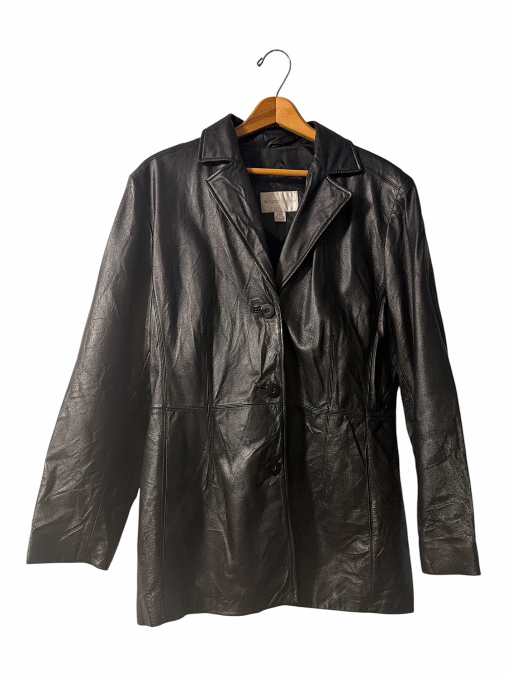 90s Minimalist Worthington Genuine Leather Black Blazer Coat Large